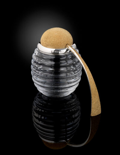 "Golden Grain" honey dipper with clear glass hand blown honey pot. Hand raised and hand textured lid.