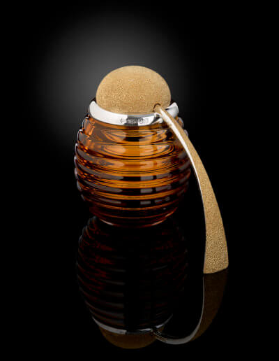 "Golden Grain" honey dipper with hand blown gold glass honey pot. Hand raised and hand textured lid.