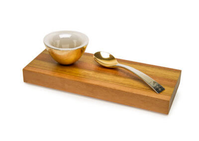 Egg cup and spoon on mixed hardwood base copy